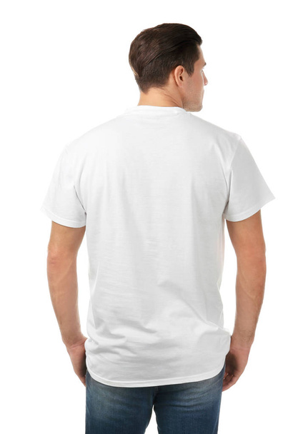 Young man in stylish t-shirt on white background. Mockup for design - Photo, image