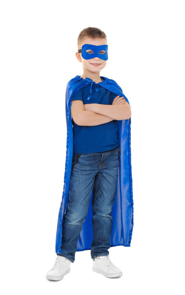 Cute boy in superhero costume on white background - Zdjęcie, obraz