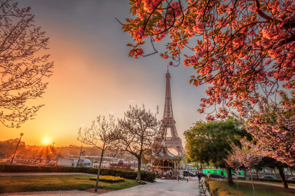 Eiffelturm mit Frühlingsbäumen in Paris, Frankreich - Foto, Bild