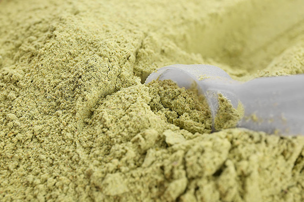 Hemp protein powder with scoop, closeup - Фото, изображение
