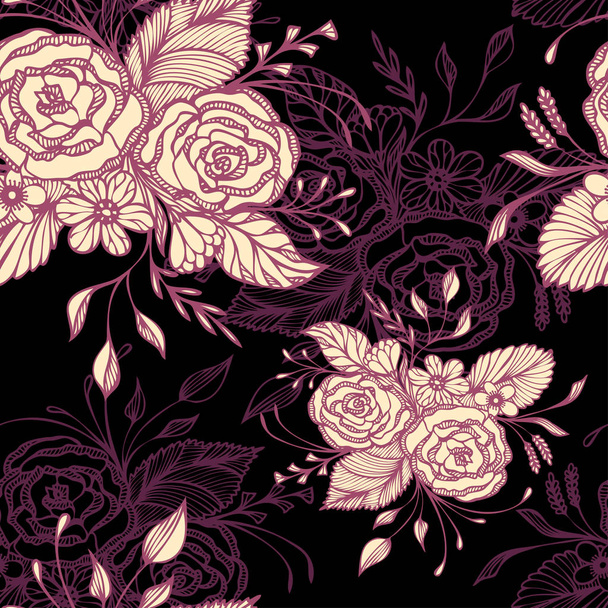 デコパージュの壁紙やテキスタイル、または化粧品香水シャンプーの装飾パッケージのレトロなスタイルの黒にピンクの花の花束とシームレスなパターン - ベクター画像