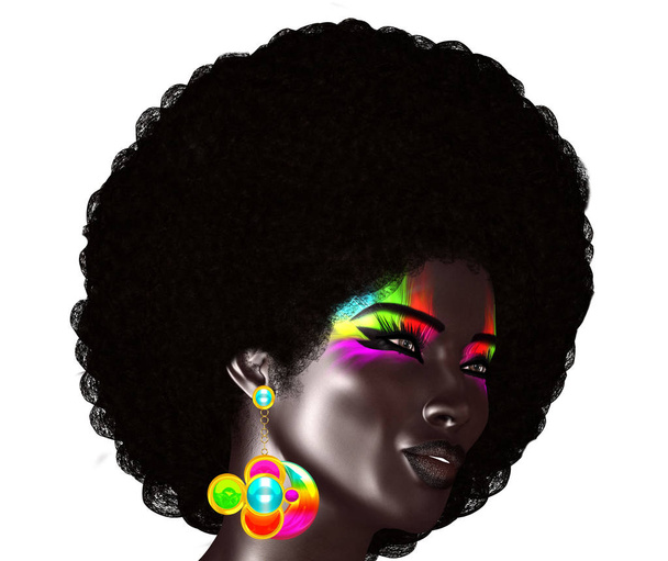 Trendy, curly African hair is worn by this realistic 3d model. She poses in front of an isolated white background, wears colorful electric eye shadow and matching bubble earrings. This is a modern 3d digital art render great for themes of fashion  - Photo, Image