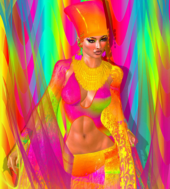 Sexy donna egiziana, faraone o principessa circondata da nastri colorati di colori arcobaleno. Un outfit coordinato crea una scena realistica brillante e divertente. Questa è una moderna arte digitale 3D rendere grande per i temi dell'Egitto, diversità, moda e bellezza
 - Foto, immagini