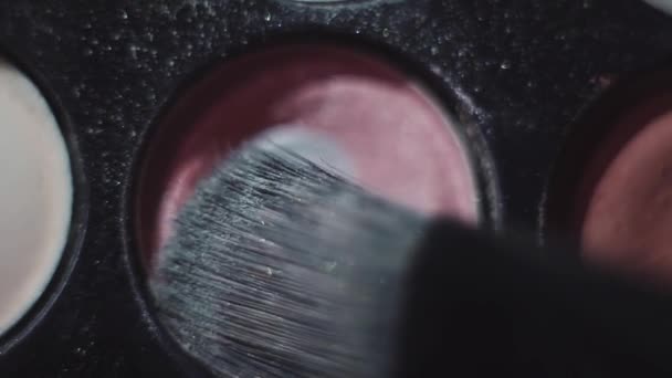 Brush tapped on pink shadow on cosmetic pallet - Footage, Video