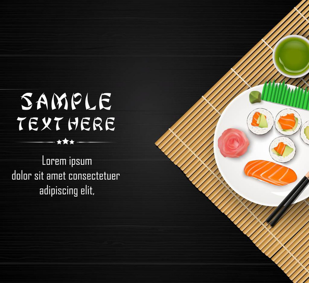 Vector illustration of Sushi, Japanese food on dark wooden table background - Vettoriali, immagini