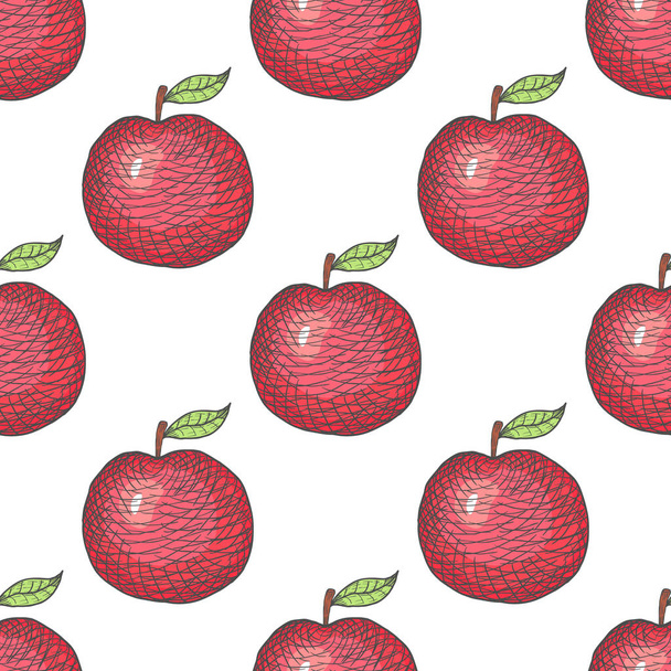 Hand Drawn Engraved Apple Seamless Pattern Background. Vector - Vetor, Imagem