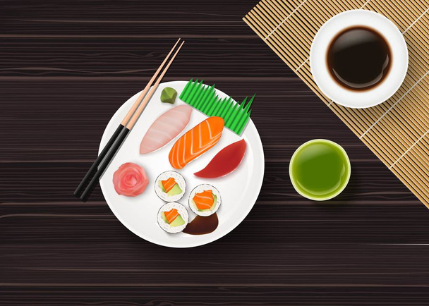 Vectorillustratie van Sushi, Japans eten op houten tafel achtergrond - Vector, afbeelding