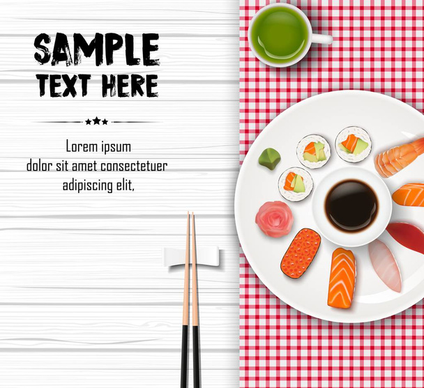 Suşi vektör çizim, ahşap masa arka plan üzerinde Japonca gıda - Vektör, Görsel