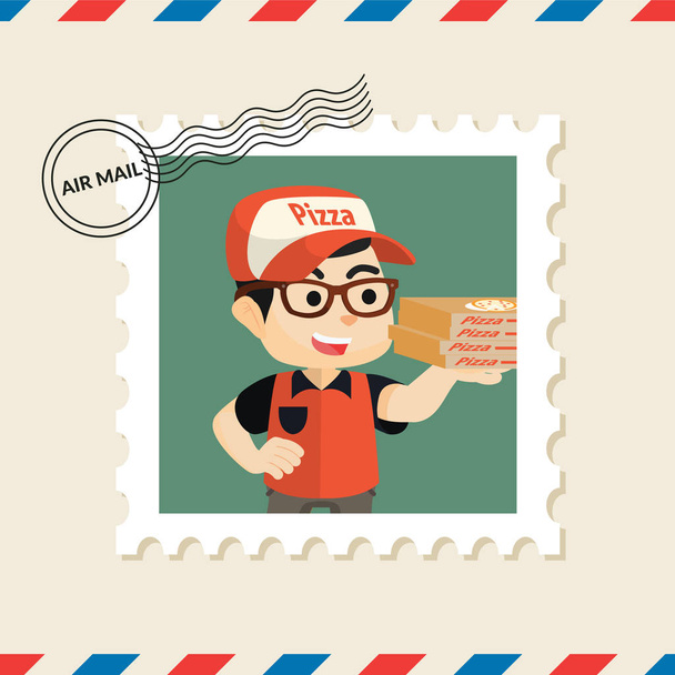 Πίτσα παράδοση αγόρι γραμματόσημο στον φάκελο αλληλογραφίας αέρα - Διάνυσμα, εικόνα