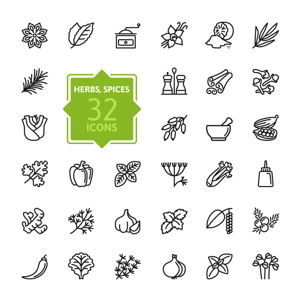 Spices, condiments and herbs  - minimal thin line web icon set. Outline icons collection. Simple vector illustration. - Vector, Image