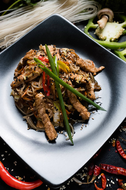 traditional rice noodle pork asian food preparing - Zdjęcie, obraz