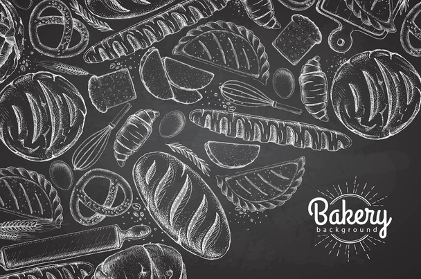 Chalk drawing Bakery background. Top view of bakery products - ベクター画像
