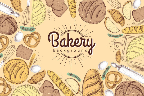 Bakery background. Top view of bakery products - Διάνυσμα, εικόνα