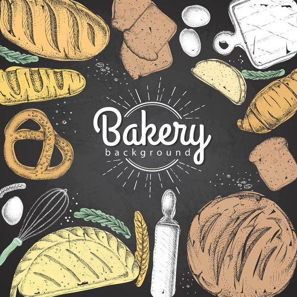 Chalk drawing Bakery background. Top view of bakery products - Vektori, kuva