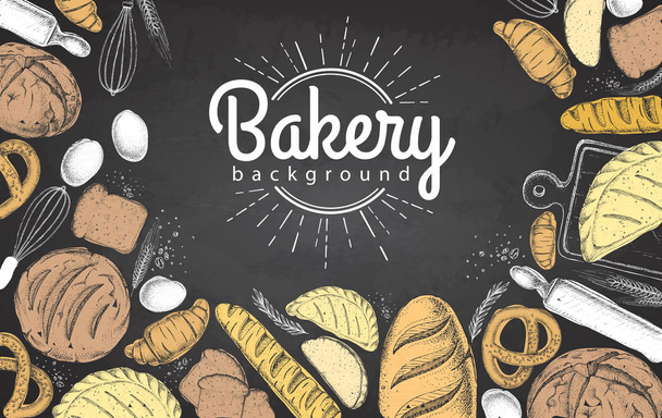 Chalk drawing Bakery background. Top view of bakery products - Vector, afbeelding