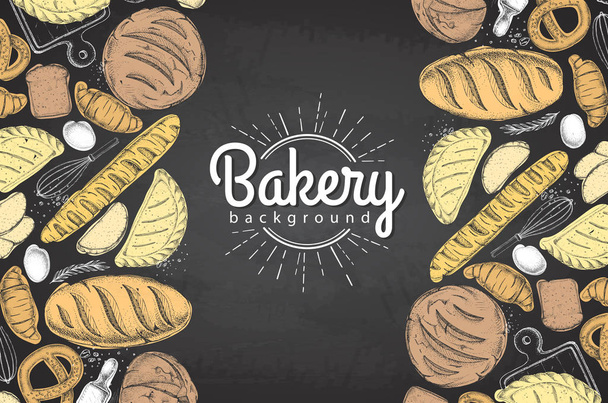 チョークは、パン屋さんの背景を描画します。ベーカリー製品のトップ ビュー - ベクター画像