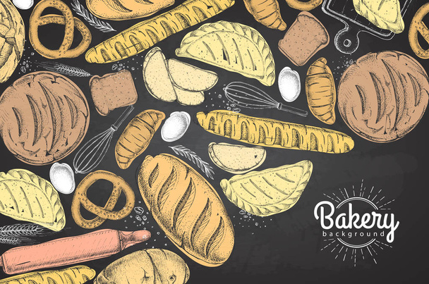 Chalk drawing Bakery background. Top view of bakery products - Vettoriali, immagini