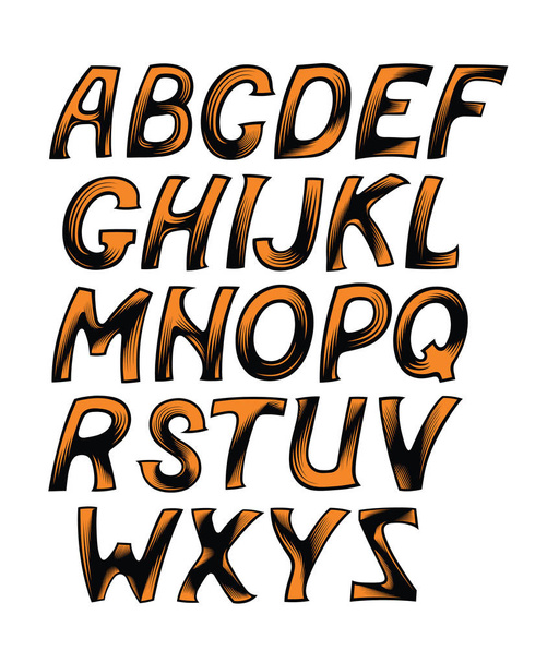 Abstract black and orange alphabet. Dynamic oblique letters. Decorative font. Vector design elements for your art - Vector, Imagen