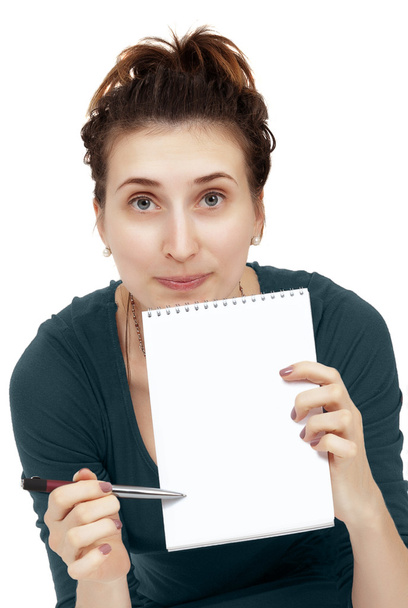 woman and notepad on white - Photo, Image