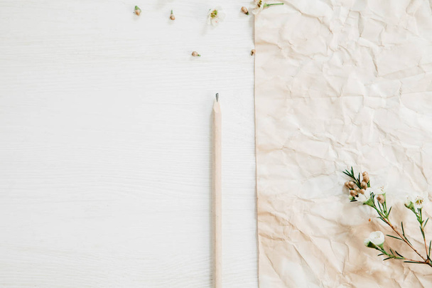 Eski bir kağıt ve kalem tarafında küçük beyaz çiçek yaprakları ile - Fotoğraf, Görsel