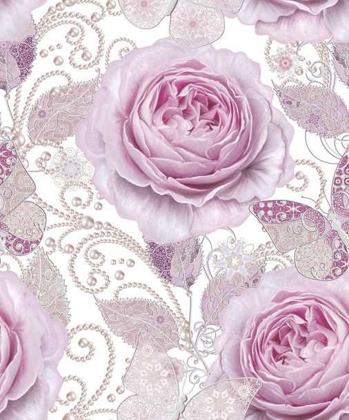 Seamless pattern. Decorative decoration, paisley element, delicate textured silver leaves made of thin lace and pearls, thread of beads, bud pastel pink rose, butterfly. Openwork weaving delicate. - Fotografie, Obrázek