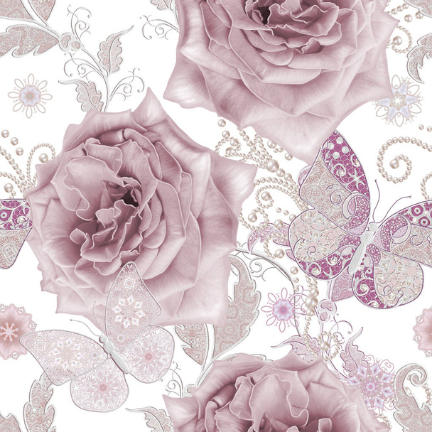 Seamless pattern. Decorative decoration, paisley element, delicate textured silver leaves made of thin lace and pearls, thread of beads, bud pastel pink rose, butterfly. Openwork weaving delicate. - Fotoğraf, Görsel