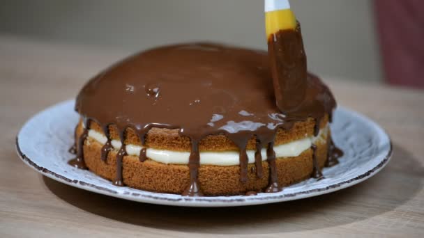 Boston pastel de crema con acristalamiento de chocolate
 - Imágenes, Vídeo