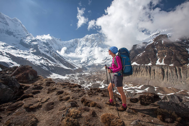 Trekker on the way to Annapurna base camp, Nepal - Fotoğraf, Görsel