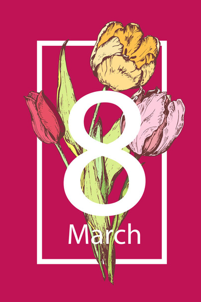 Március 8. Boldog nők anyák napja. Virágos üdvözlés kártya kézzel rajzolt. Vektoros illusztráció - Vektor, kép