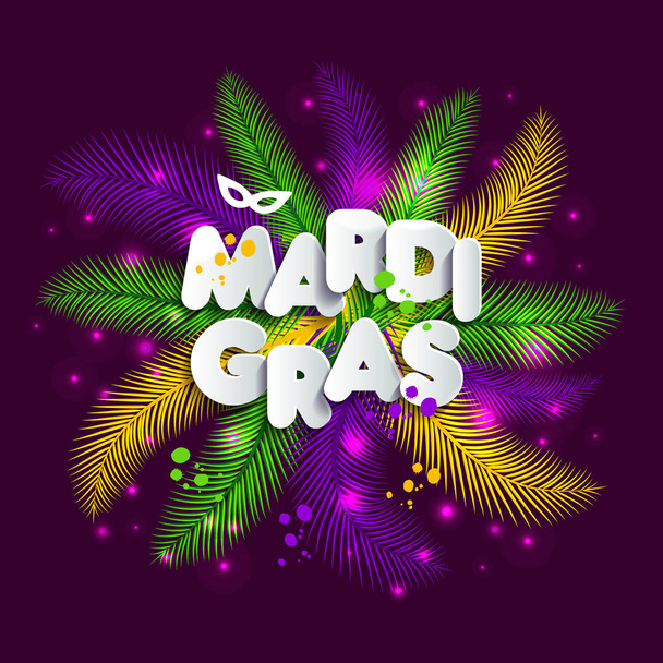 Иллюстрация карнавала Марди Гра на многоцветных перьях, цветах Марди Гра. Текст бумажного стиля
. - Вектор,изображение