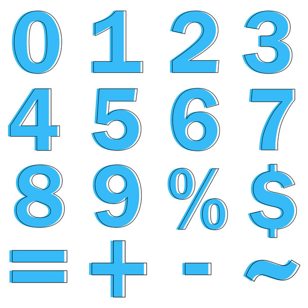 Set van trendy blauwe platte cijfers en symbolen - Vector, afbeelding