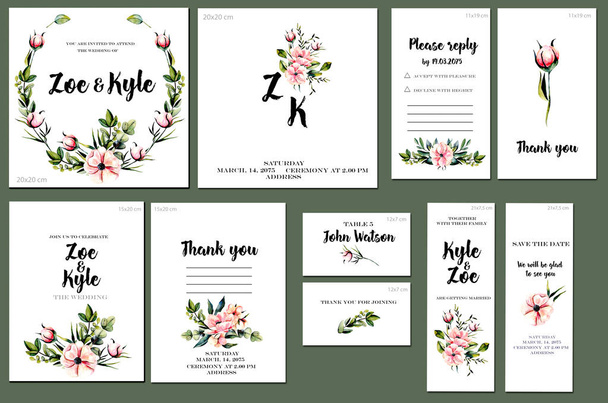 Card templates set with watercolor pink peonies and green branches background; artistic design for business, wedding, anniversary invitation, flyers, brochures, table number, RSVP, Thank you card, Save the date card - Photo, Image