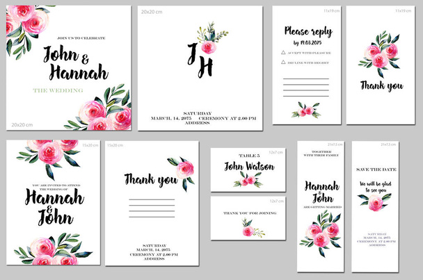 Card templates set with watercolor red roses and green leaves background; artistic design for business, wedding, anniversary invitation, flyers, brochures, table number, RSVP, Thank you card, Save the date card - Photo, Image