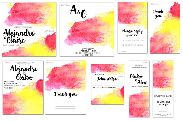 Card templates set with pink and yellow watercolor splashes background; artistic design for business, wedding, anniversary invitation, flyers, brochures, table number, RSVP, Thank you card, Save the date card - Photo, Image