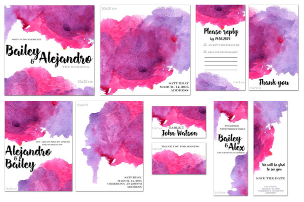 Card templates set with purple and crimson watercolor splashes background; artistic design for business, wedding, anniversary invitation, flyers, brochures, table number, RSVP, Thank you card, Save the date card - Photo, Image