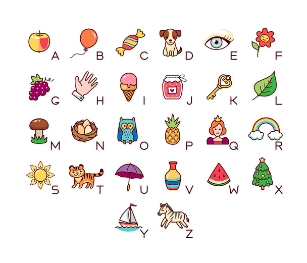 Una serie di illustrazioni per un alfabeto per bambini. Raccolta di icone per insegnare ai bambini piccoli
 - Vettoriali, immagini