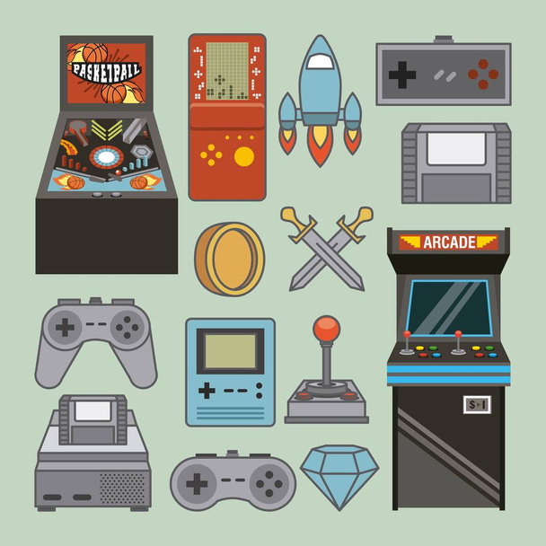 Klassieke videogames en console entertainment iconen - Vector, afbeelding