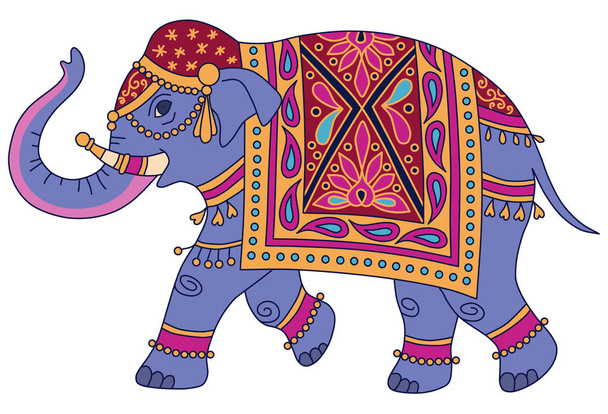Blue Indian elephant decorated in traditional style. Vector illustration isolated on white background - Vector, imagen