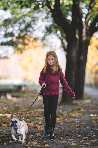 People and dogs outdoors. Beautiful and happy redhead girl enjoying in autumn park walking with her adorable French bulldog - Foto, immagini