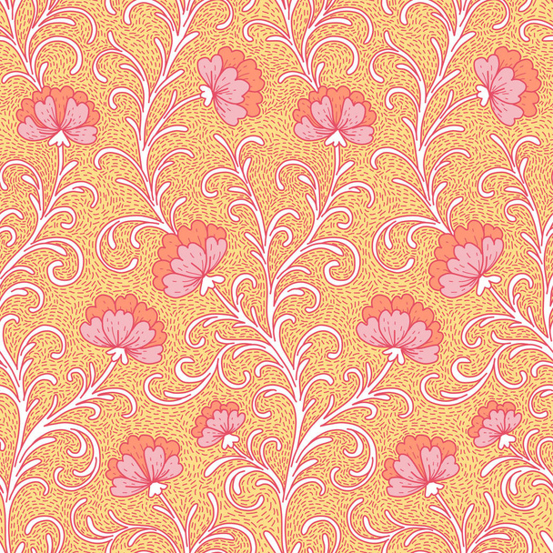 Curly branches with flowers on yellow background.  Seamless pattern for textile design and decoration - Vektori, kuva