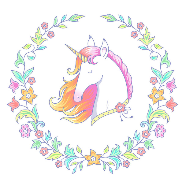 Cabeza de unicornio blanco en marco floral redondo. Personaje de dibujos animados aislado sobre fondo blanco
 - Vector, Imagen