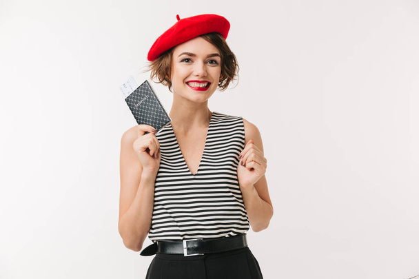 Portrait of a happy woman wearing red beret - Фото, изображение