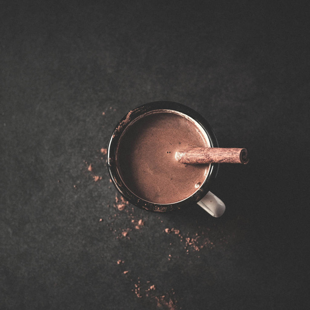 Vintage mug of hot cocoa with cinnamon sticks  - Fotó, kép