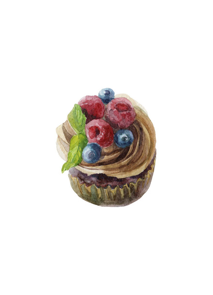 Кекс з вершковою чорницею полуниця і м'ятна акварельна ілюстрація
 - Фото, зображення