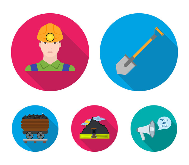 A shovel, a miner, an entrance to a mine, a trolley with coal.Mine set collection icons in flat style vector symbol stock illustration web. - Vector, Image