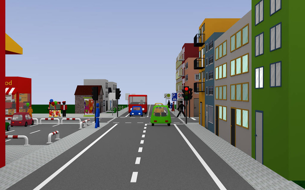 Stadtansicht mit roter Ampel und Schildern, Zone 20, Schulbushaltestelle mit deutschem Text - Foto, Bild