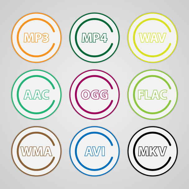 Runde Symbole für Video- und Audiodateien. Satz farbiger Symbole für gängige Dateitypen. - Vektor, Bild