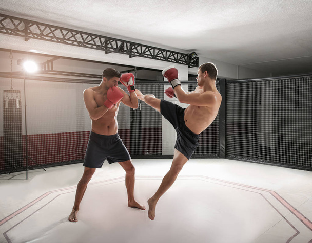 Two strong kickboxers fighting in gym - Fotoğraf, Görsel