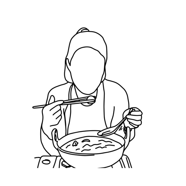 Χαριτωμένο γυναίκα τρώνε νουντλς με chopsticks διανυσματικά εικονογράφηση σκίτσο χέρι με μαύρες γραμμές, απομονώνονται σε λευκό φόντο - Διάνυσμα, εικόνα