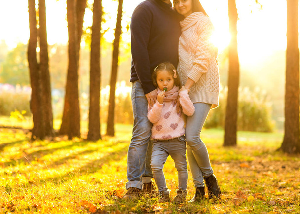 日没で楽しい秋の公園で遊ぶ家族 - 写真・画像